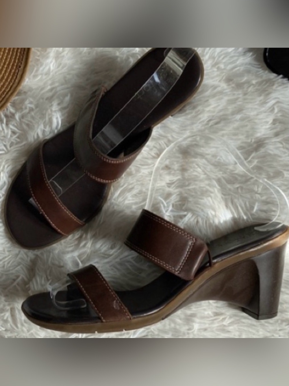 Brown leather 2 straps  wedge sandals, size 9M
